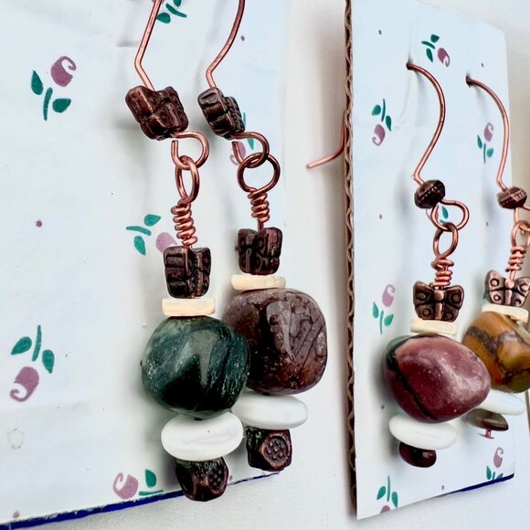 Lot Of 3 Pairs Handmade Beaded Dangle Earrings Mixed Stone Boho Style - Picture 7 of 10